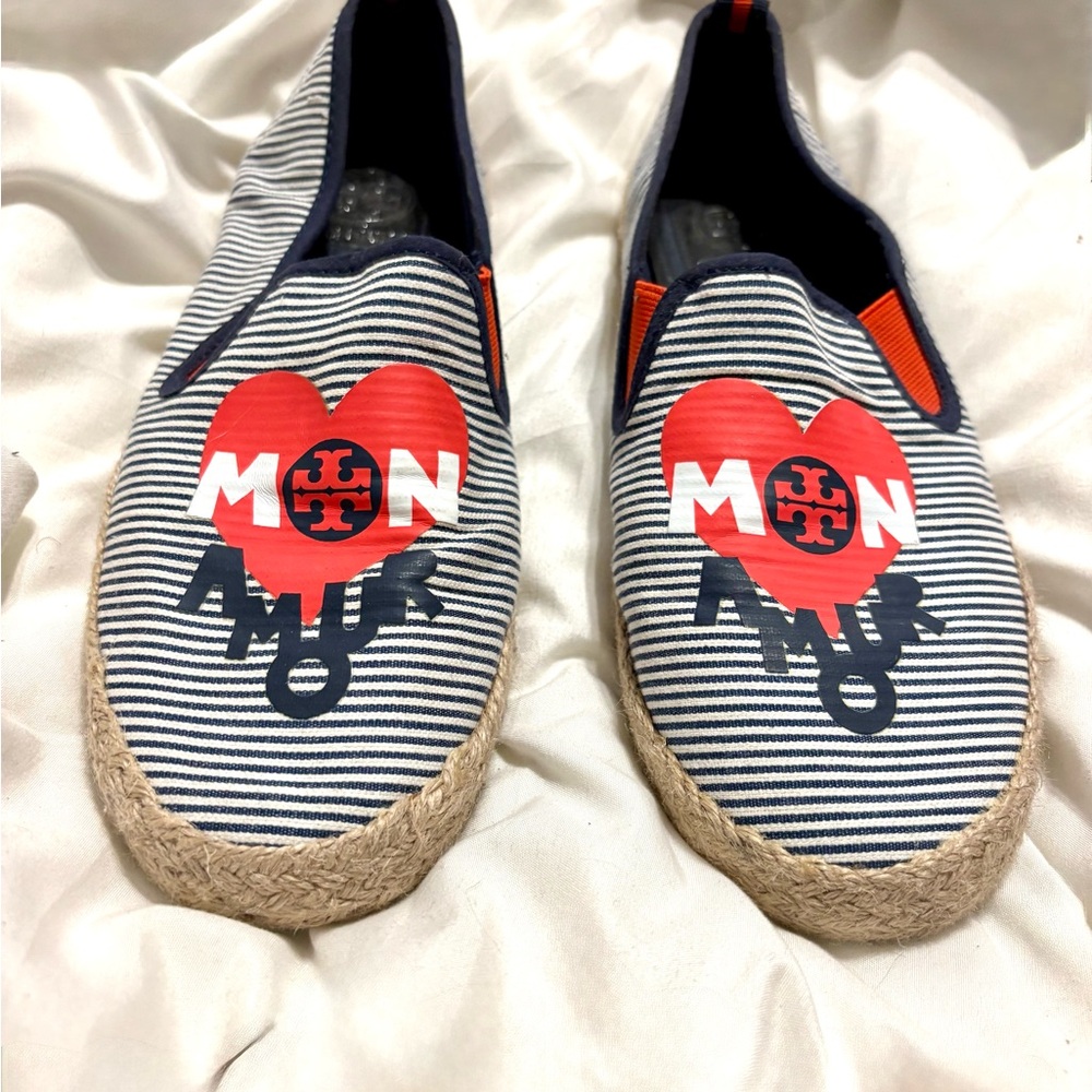 Tory Burch Navy and White Striped Espadrilles 7.5